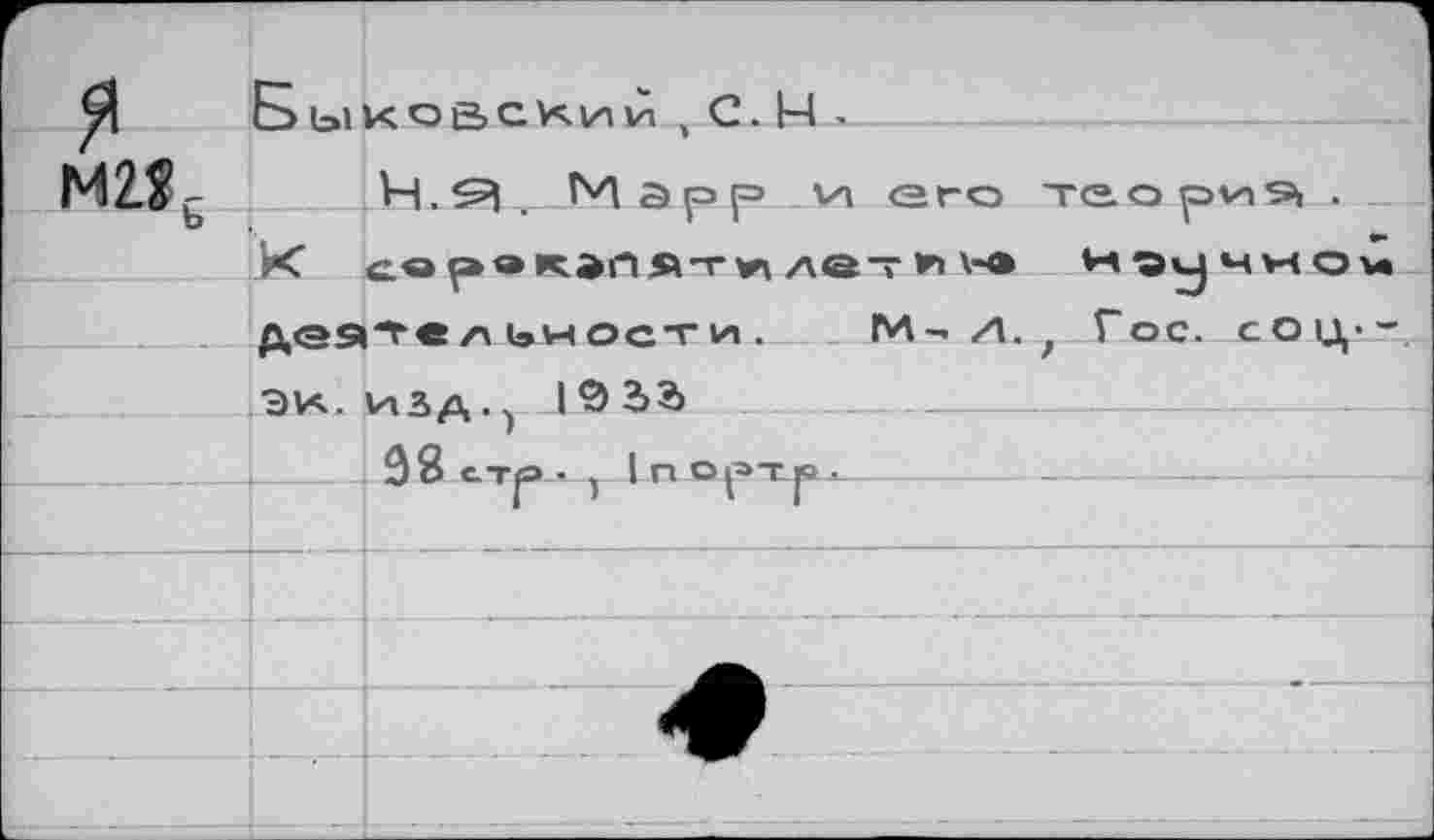 ﻿'/ БыКОЙСИ^й . С. М -
М2?6	Иарр Vi его теорий .
К G.® f»® КЭНЯТУ! л&~ л V® научном деятельности. М-/I. t Гос. соц--
эх. изд., 19 2>3> 08 стр-«- т I n